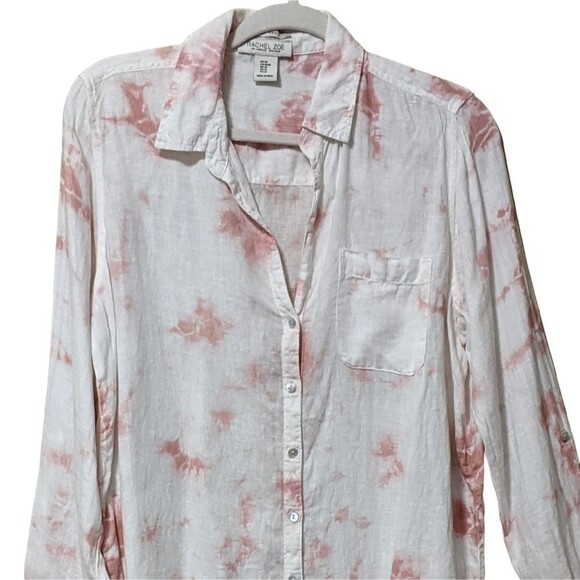 Rachel Zoe long line tunic 100% linen tie dye white pink button blouse top M - Picture 6 of 8